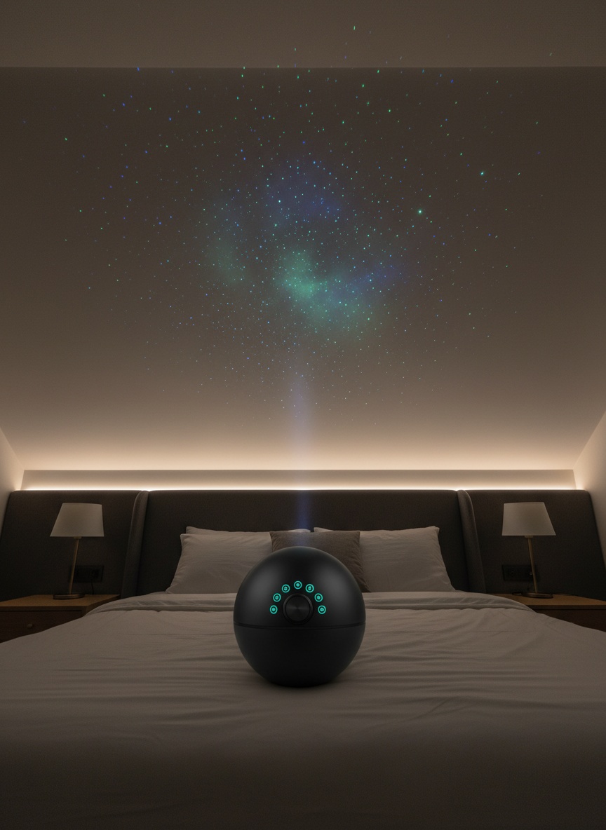 Auroom star projector on a nightstand projecting real stars on a bedroom ceiling