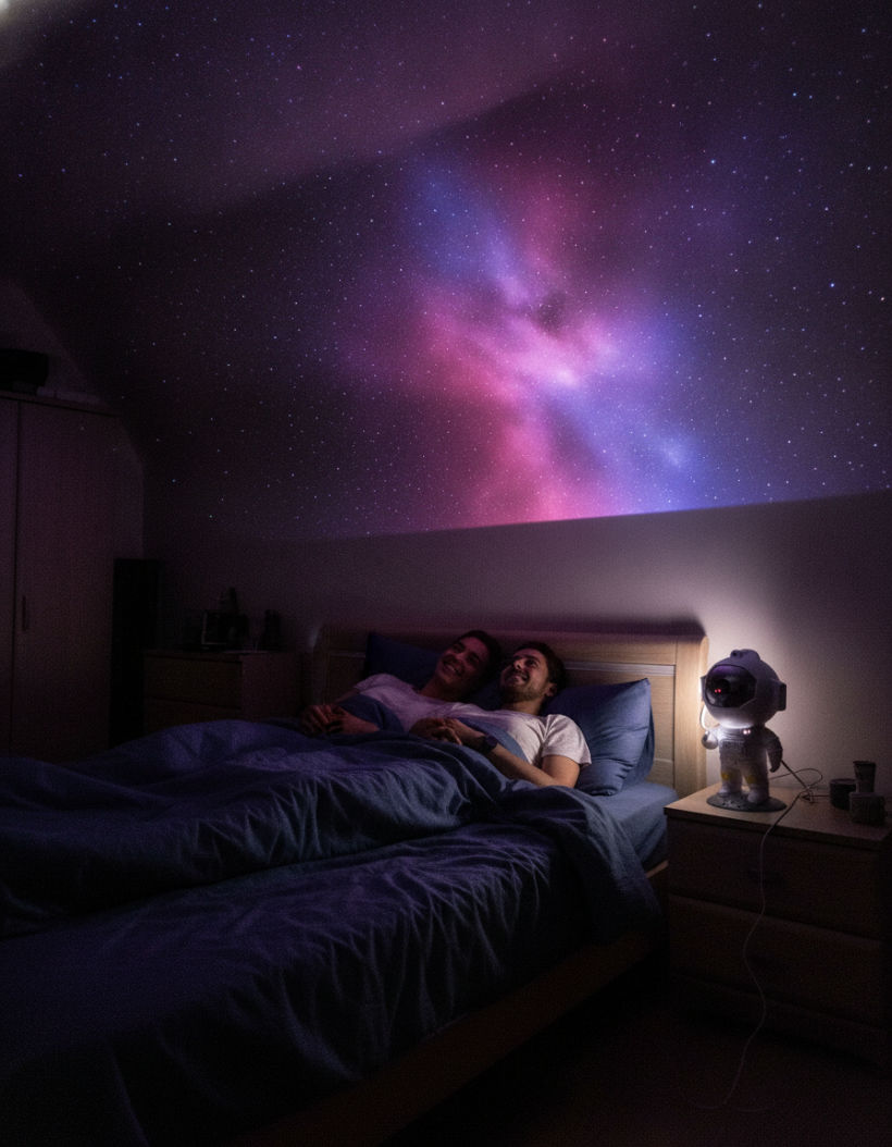 A couple relaxing under a galaxy of stars projected across their bedroom by Auroom