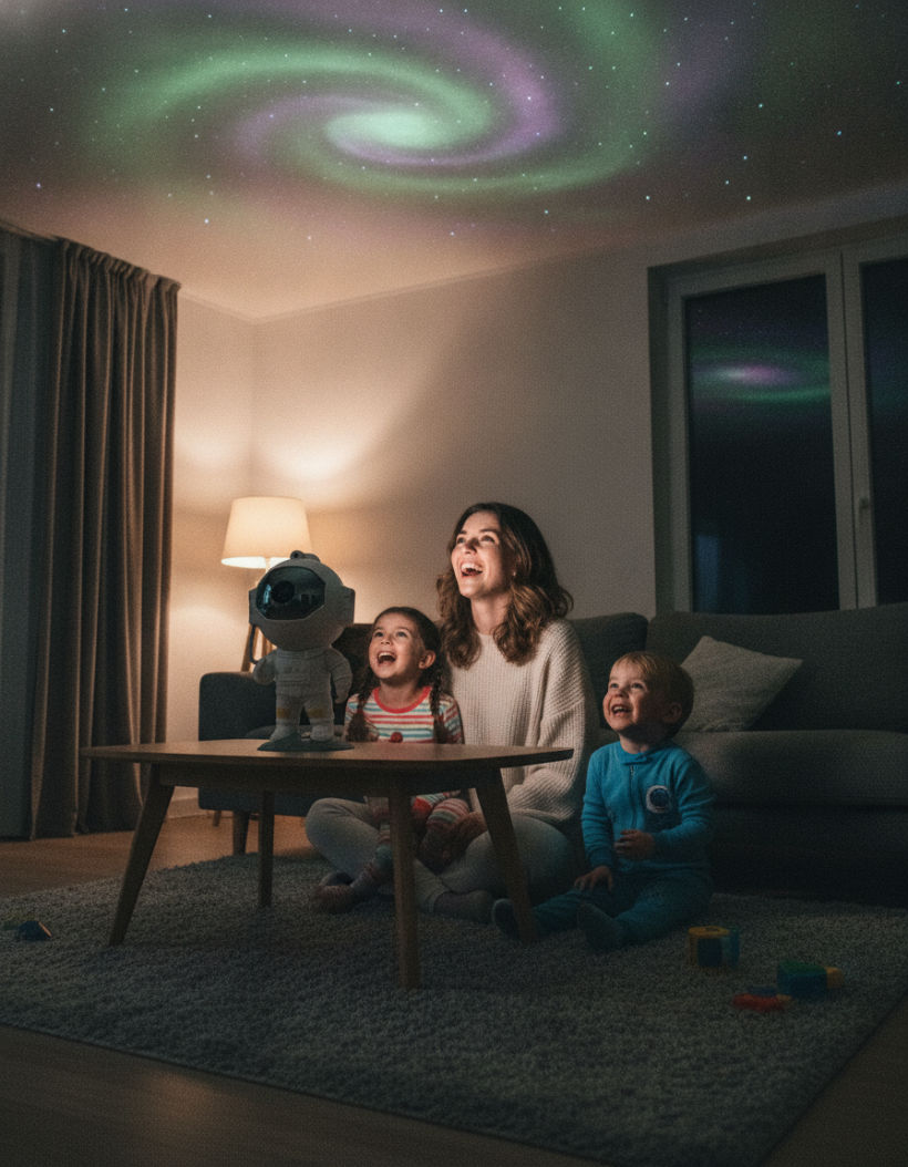 A family in their living room watching the Auroom astronaut projector fill the ceiling with a galaxy