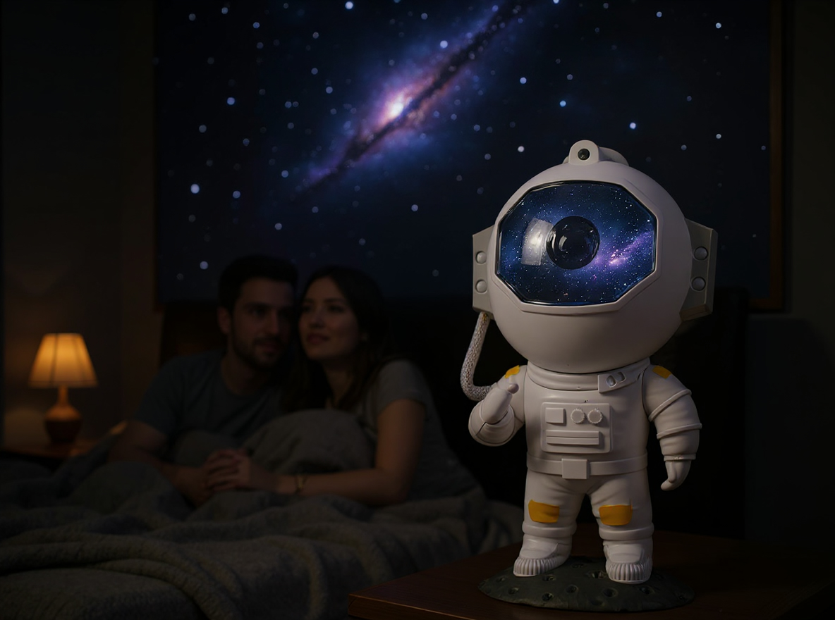 Couple relaxing in bed under a galaxy of stars projected by the Auroom astronaut projector