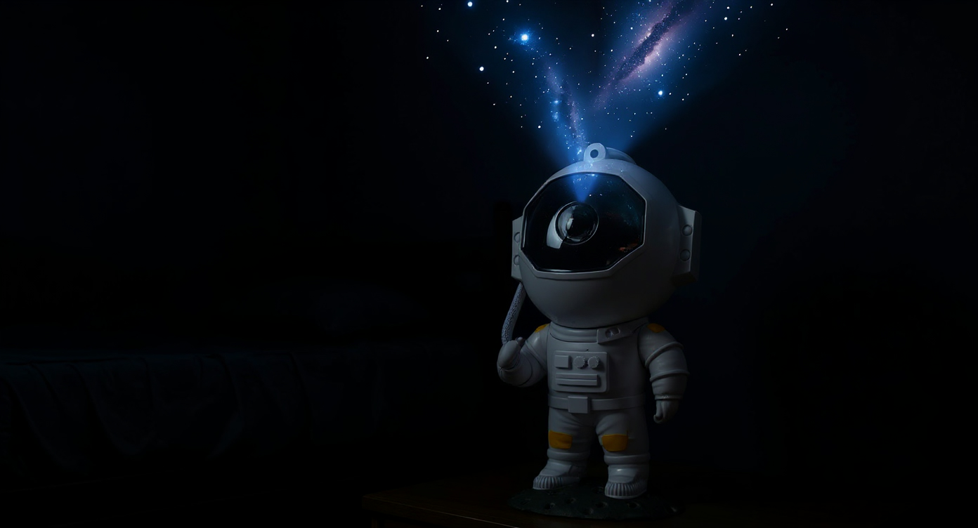 Auroom astronaut projector on a nightstand projecting a galaxy of stars and nebula across a dark bedroom