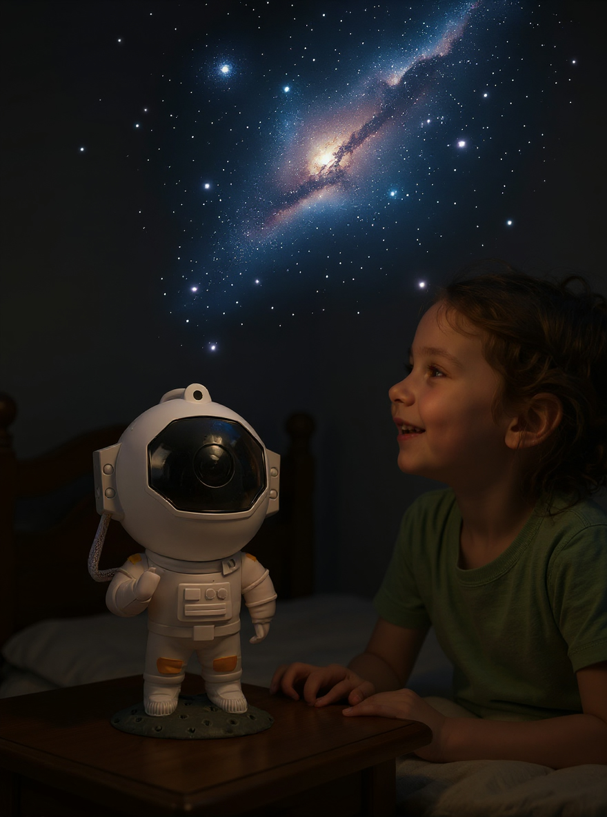 Child watching a galaxy of stars projected by the Auroom astronaut projector
