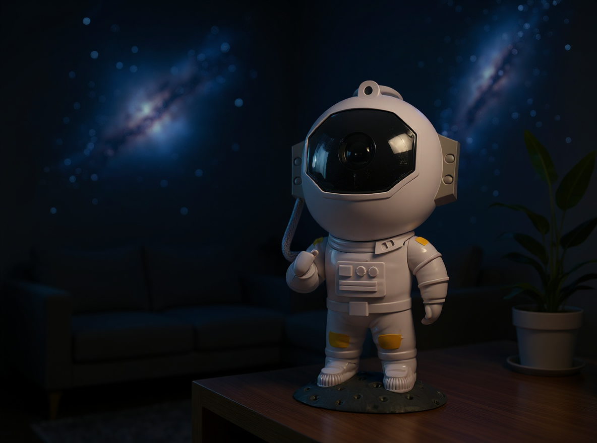 Auroom astronaut projector filling a living room with a starry nebula