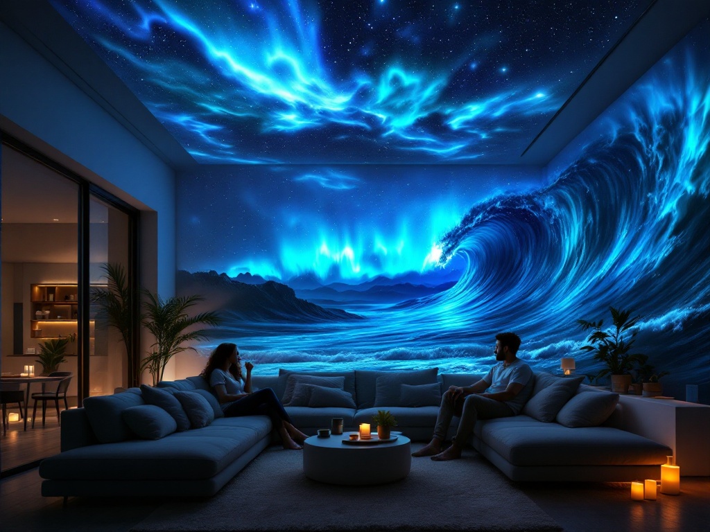 Living room bathed in galaxy and ocean light
